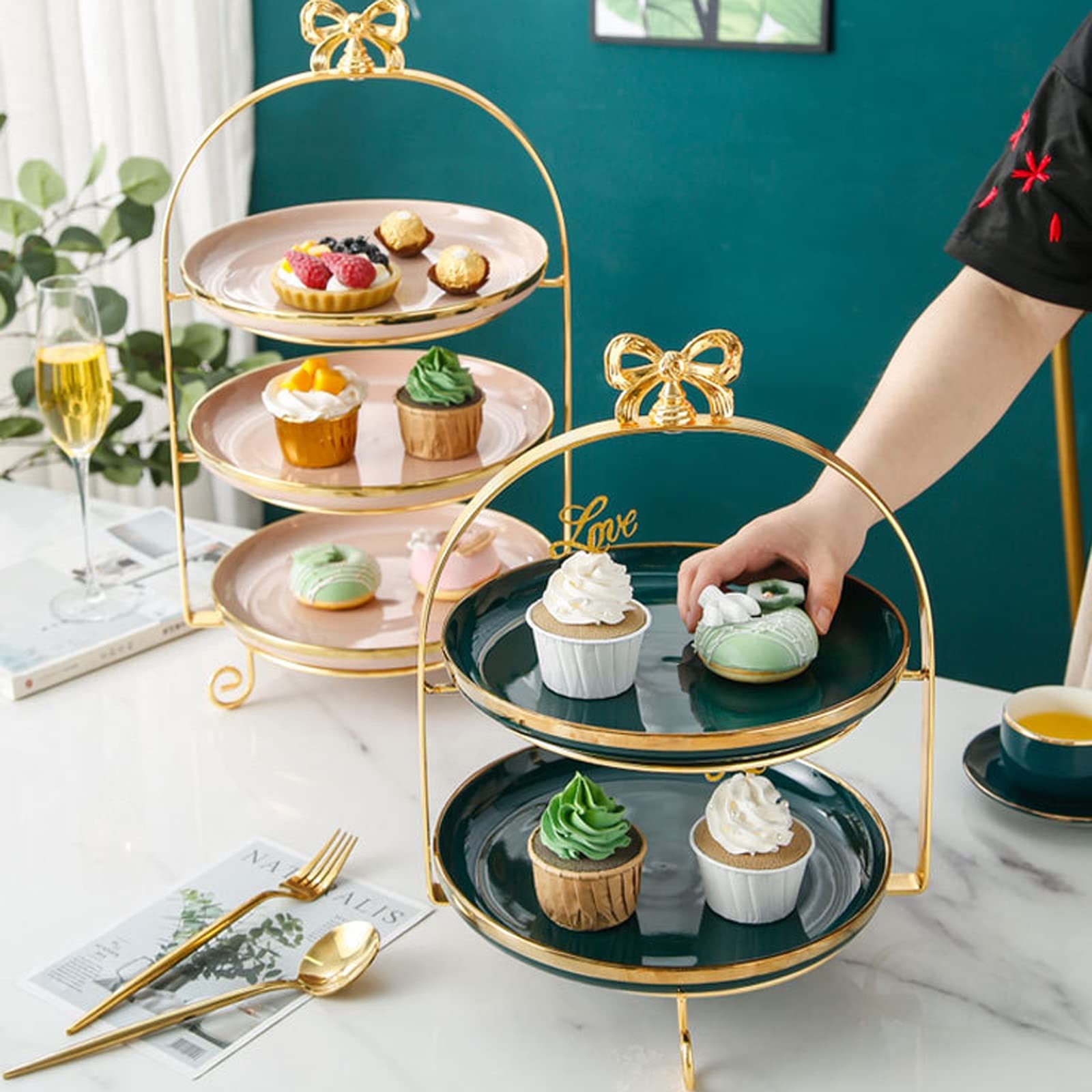 Cake Stand 2-Tier Cake Stand with Bow Handles Multi-Color Ceramic